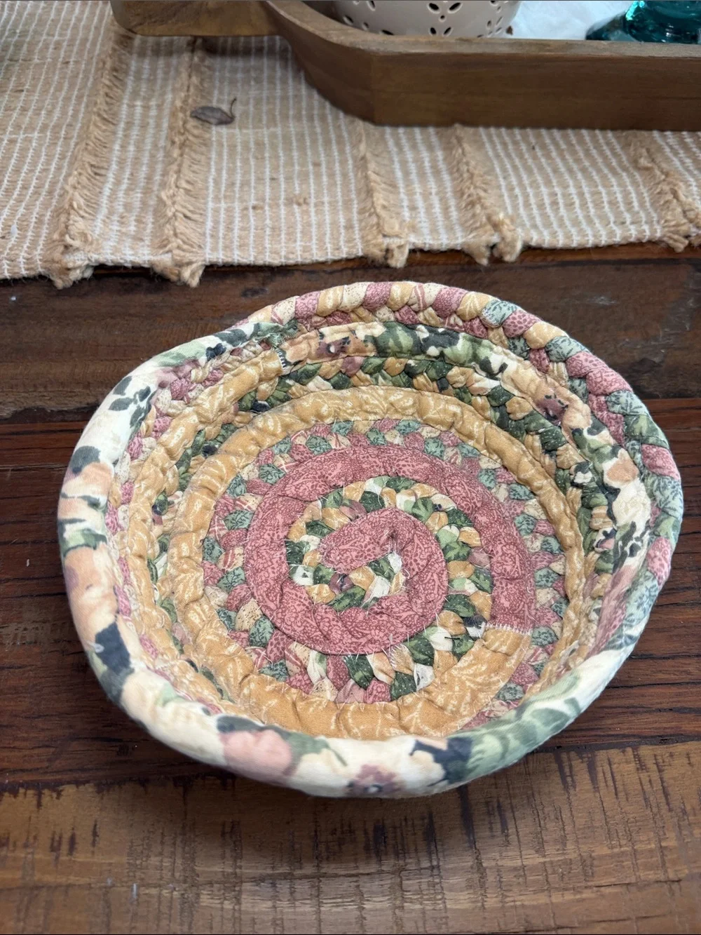 Vintage Floral Handcrafted Coiled Fabric Rope Basket Bowl Boho Cottagecore
